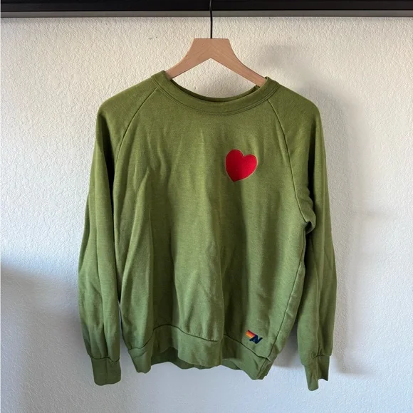 Aviator Nation Olive Sweatshirt with Red Heart Patch - Picture 1 of 1